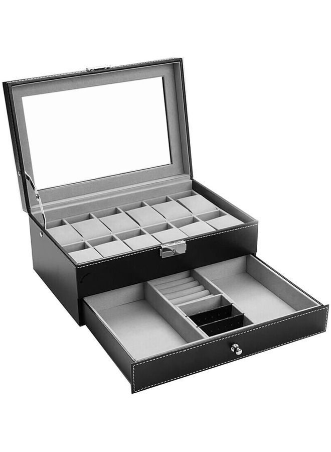 PADOM صندوق ساعة بادوم مع غطاء زجاجي، 12 فتحة من جلد البولي يوريثان منظم للساعة من طبقتين مع درج مجوهرات للتخزين والعرض (أسود) - Image 1