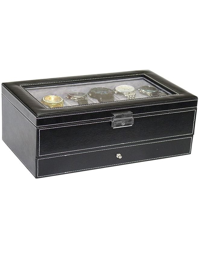 PADOM صندوق ساعة بادوم مع غطاء زجاجي، 12 فتحة من جلد البولي يوريثان منظم للساعة من طبقتين مع درج مجوهرات للتخزين والعرض (أسود) - Image 3