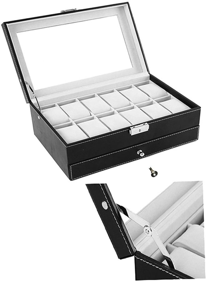 PADOM صندوق ساعة بادوم مع غطاء زجاجي، 12 فتحة من جلد البولي يوريثان منظم للساعة من طبقتين مع درج مجوهرات للتخزين والعرض (أسود) - Image 4