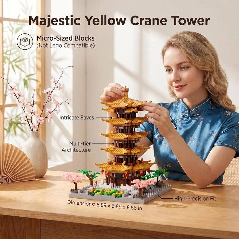 JXRLMB Micro Building Blocks Set for Adults Yellow Crane Tower with Sakura Tree Cherry Plants, Chinese Ancient Famous Architecture Toys Gifts 2200 pcs - Image 3