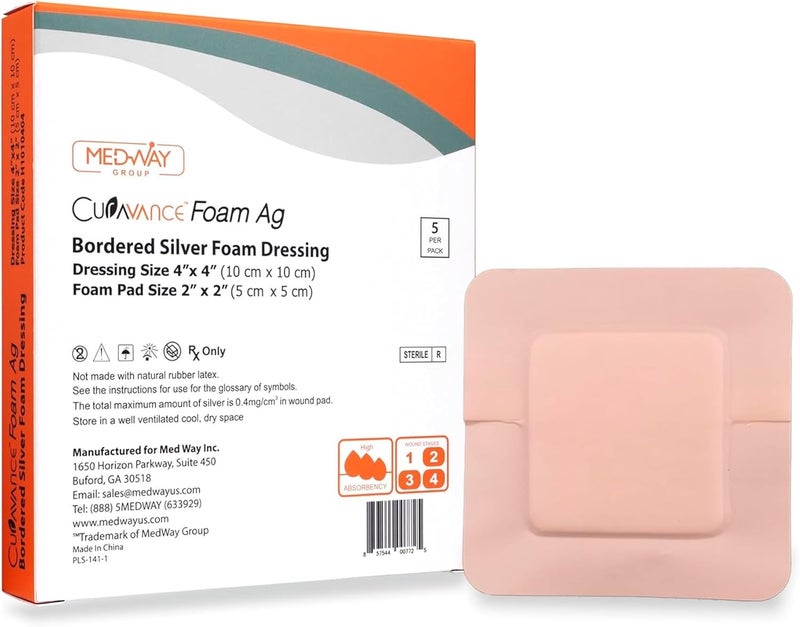 MedVance Bordered Silver Foam Ag Sterile Highly Absorbent Antibacterial Dressing, 4"x 4" (2"x 2" Pad), 5 dressings/Box, 5 Count (Pack of 1)