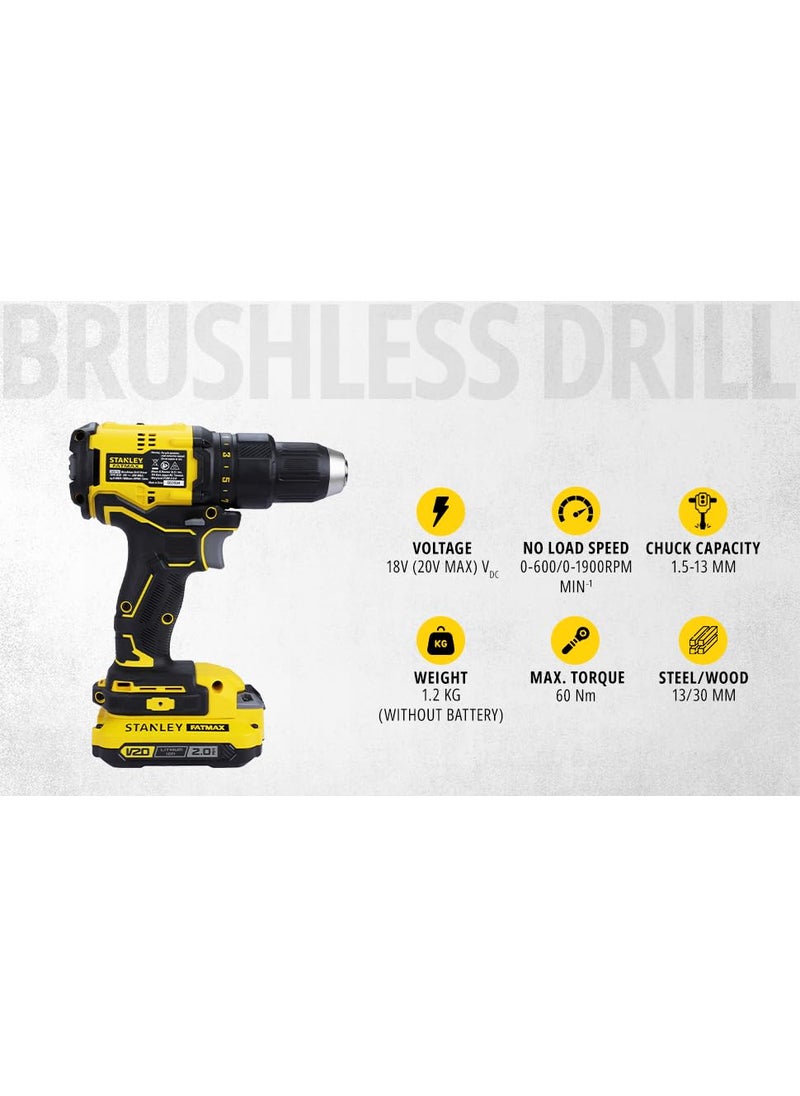 Stanley STANLEY FATMAX SBD710D2K 20V 13 mm 1900 RPM Cordless Brushless Drill Machine Driver 60 Nm Torque 20Ah Liion Batteries with Charger Kit Box 2 Speed Gearbox 2 Year Warranty YELLOW BLACK  - Image 2