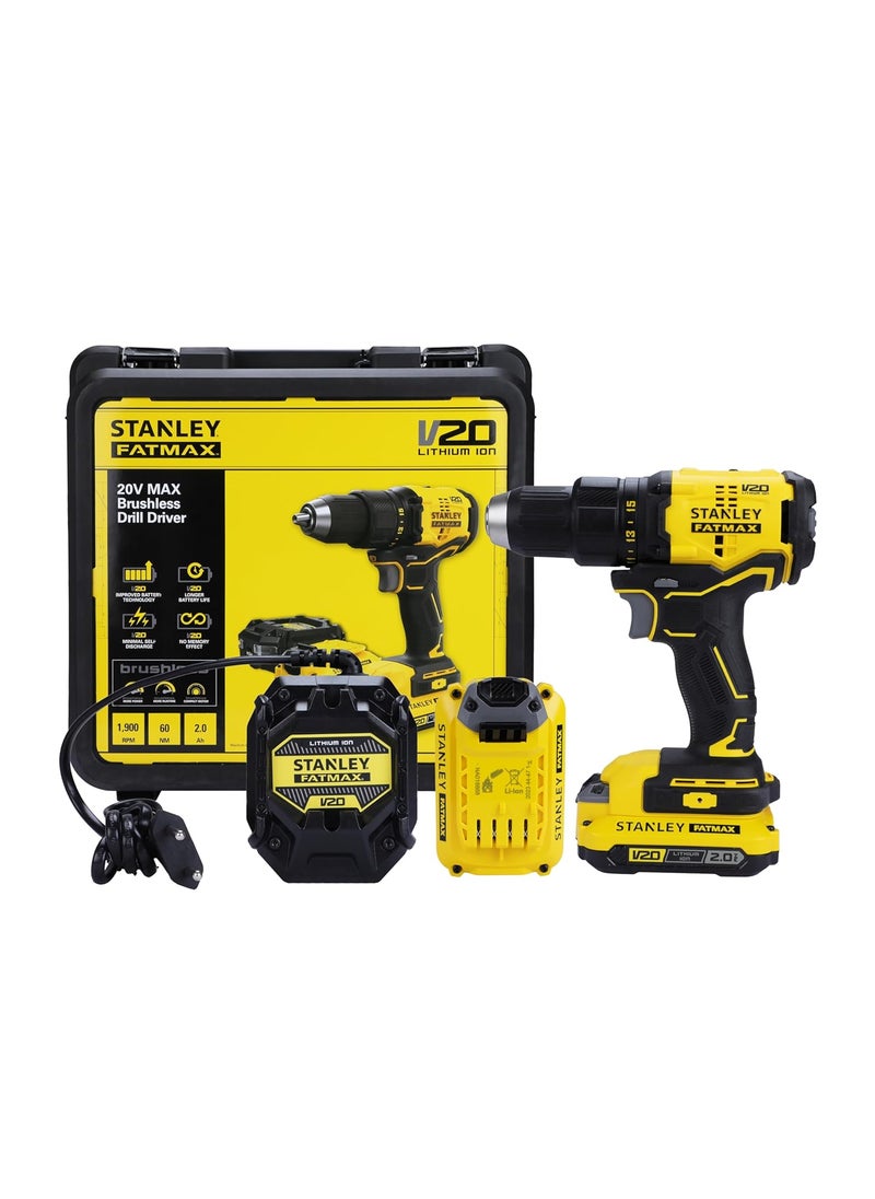 Stanley STANLEY FATMAX SBD710D2K 20V 13 mm 1900 RPM Cordless Brushless Drill Machine Driver 60 Nm Torque 20Ah Liion Batteries with Charger Kit Box 2 Speed Gearbox 2 Year Warranty YELLOW BLACK  - Image 1