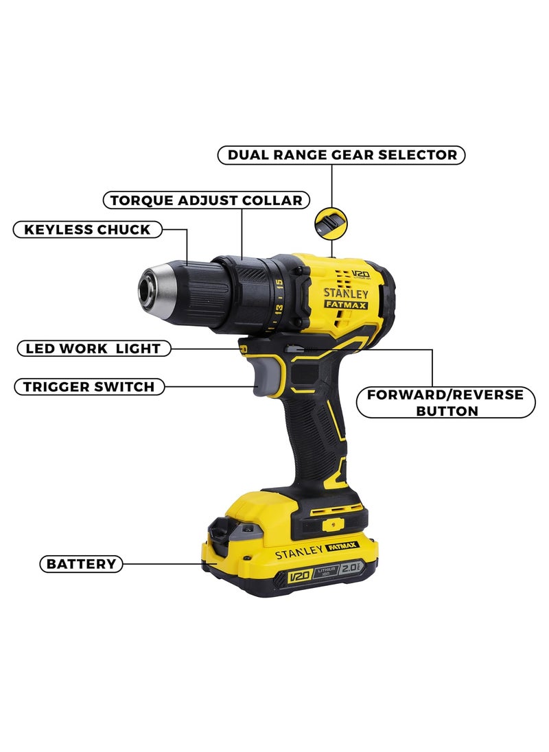 Stanley STANLEY FATMAX SBD710D2K 20V 13 mm 1900 RPM Cordless Brushless Drill Machine Driver 60 Nm Torque 20Ah Liion Batteries with Charger Kit Box 2 Speed Gearbox 2 Year Warranty YELLOW BLACK  - Image 3