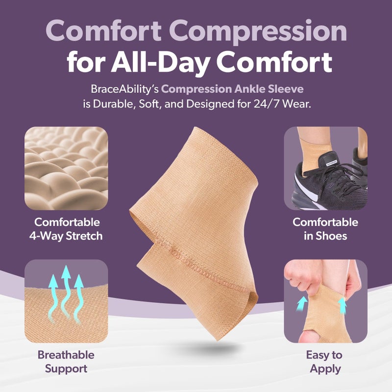 BraceAbility Elastic Ankle Support Brace - Lightweight Slip on Foot and Ankle Compression Sleeve for Gymnastics, Dance, Sports, Running, Exercise, and Sprained Ankle Swelling for Women and Men (Beige, Medium) - Image 3