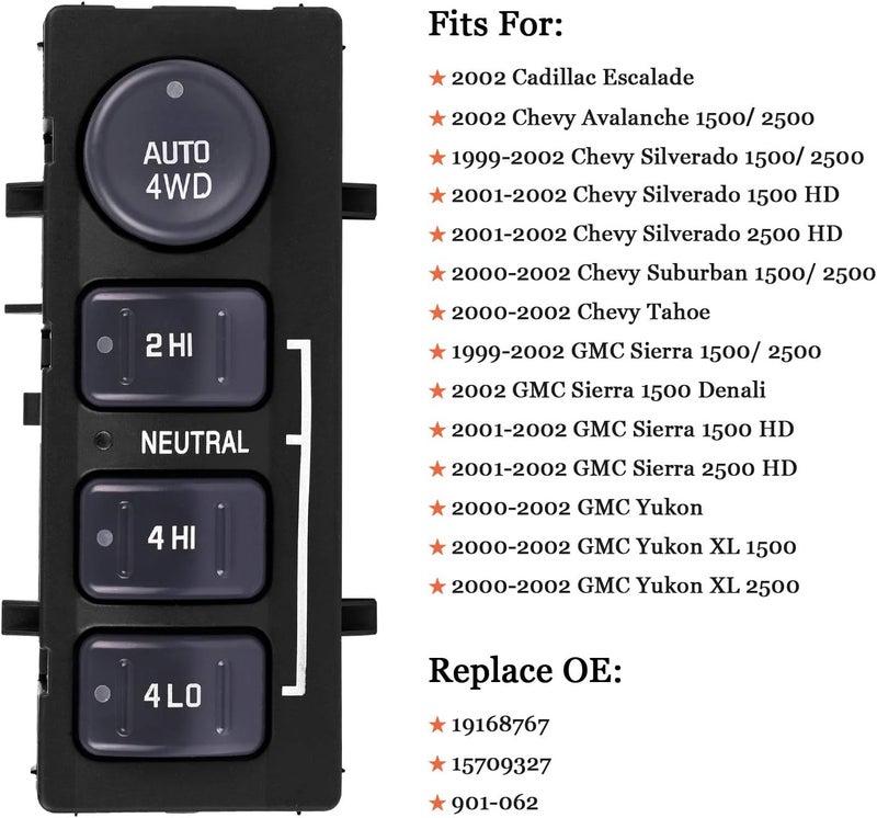 LCWRGS 901-062 4WD 4x4 Switch Replacement for Chevy Silverado 1500, 2500HD Suburban, Avalanche, GMC Sierra 1500, 2500, Yukon- 4 Wheel Drive Switch Transfer Case Selector, OE# 15709327, 19168767 - Image 2