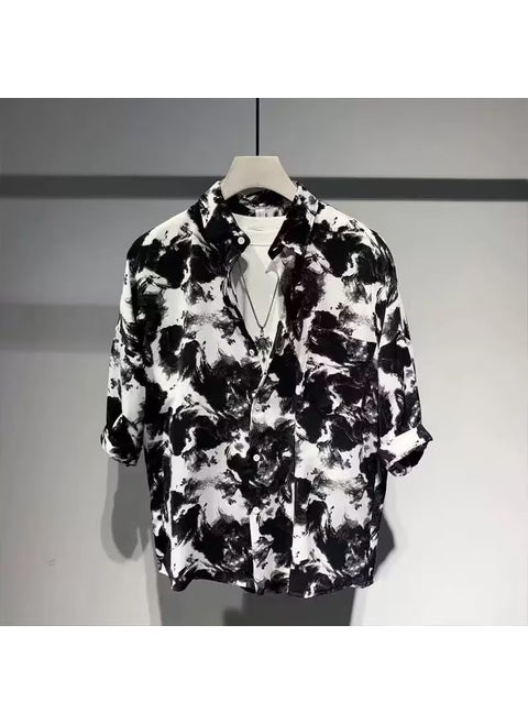 Mens Casual Beach Floral Shirt Loose Half Sleeve Trendy Black