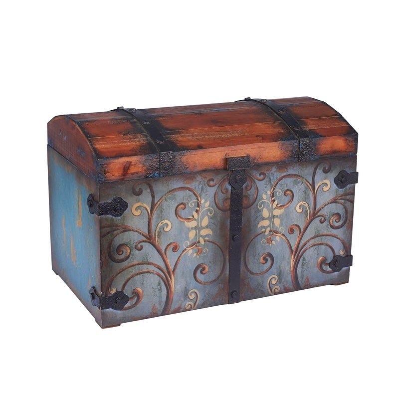 Household Essentials Household Essentials Vintage Wood Storage Trunk Large Blue BodyBrown LidFloral Design 