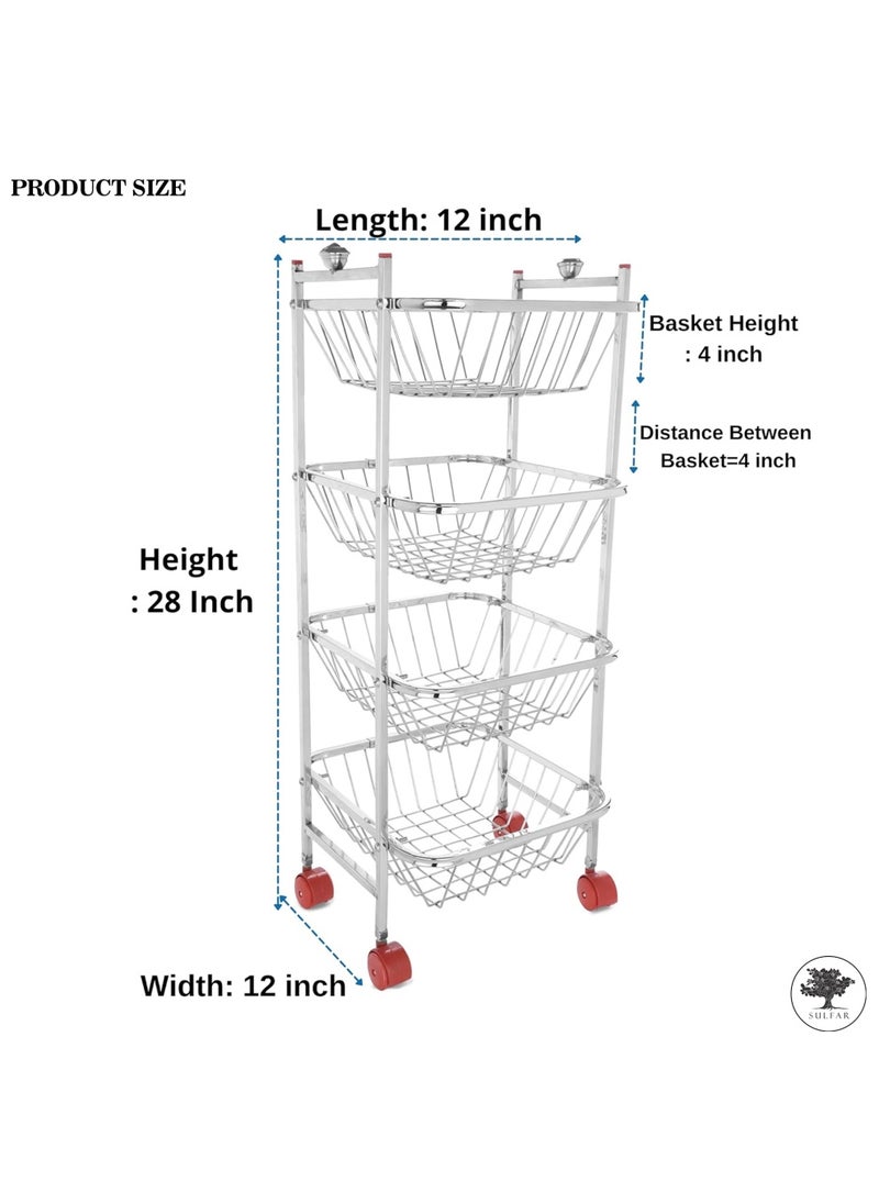 sulfar Stainless Steel Fruit & Vegetable 4 Stand Kitchen Trolley Vegetable, Fruit Basket for Storage Onion potato rack (4 Layer) Silver  - Image 2