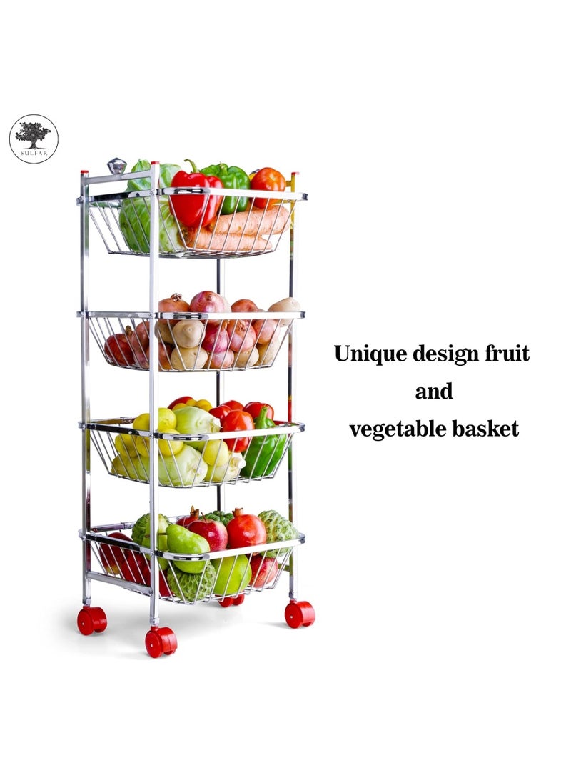 sulfar Stainless Steel Fruit & Vegetable 4 Stand Kitchen Trolley Vegetable, Fruit Basket for Storage Onion potato rack (4 Layer) Silver  - Image 4