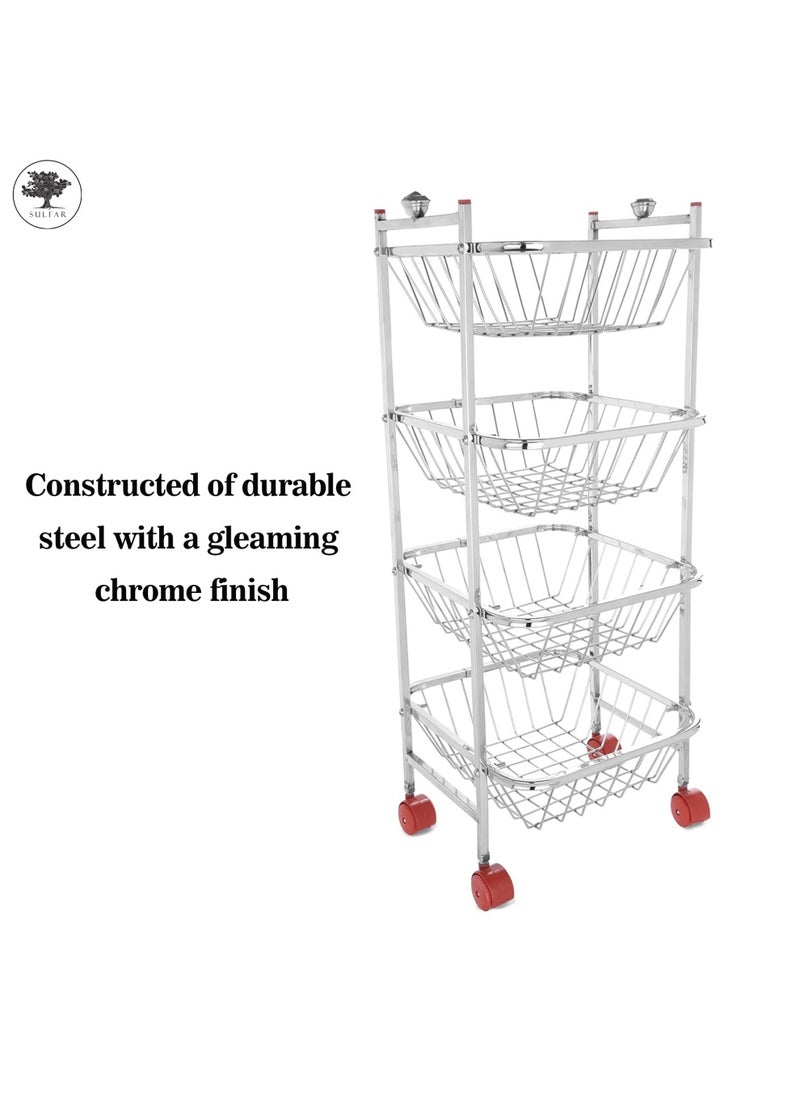 sulfar Stainless Steel Fruit & Vegetable 4 Stand Kitchen Trolley Vegetable, Fruit Basket for Storage Onion potato rack (4 Layer) Silver  - Image 5