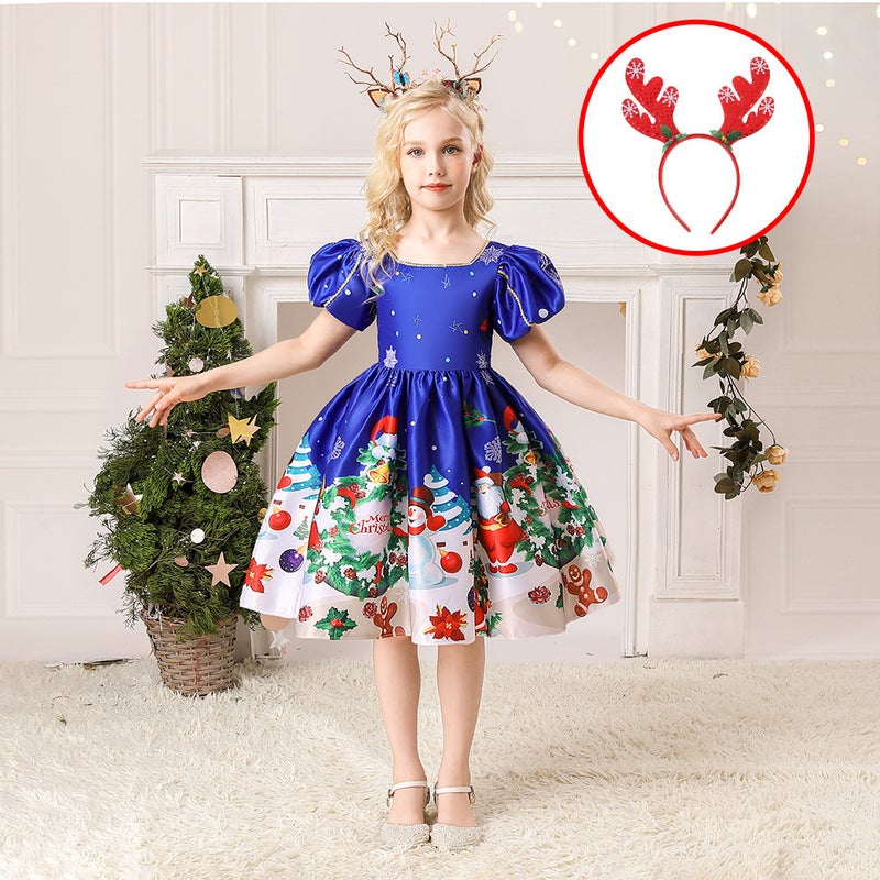 Girls Christmas Dress Christmas Dress Party Costume Childrens Cos Santa Claus Costume Princess Dress SD071-Blue (with headband)