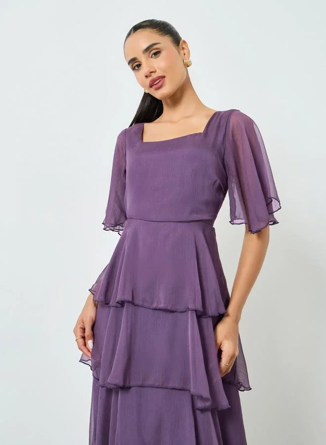 Styli Purple Short Sleeve Tiered Maxi Dress