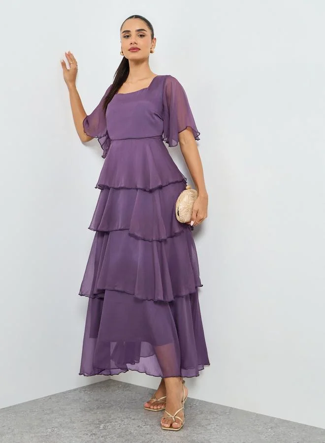 Styli Purple Short Sleeve Tiered Maxi Dress