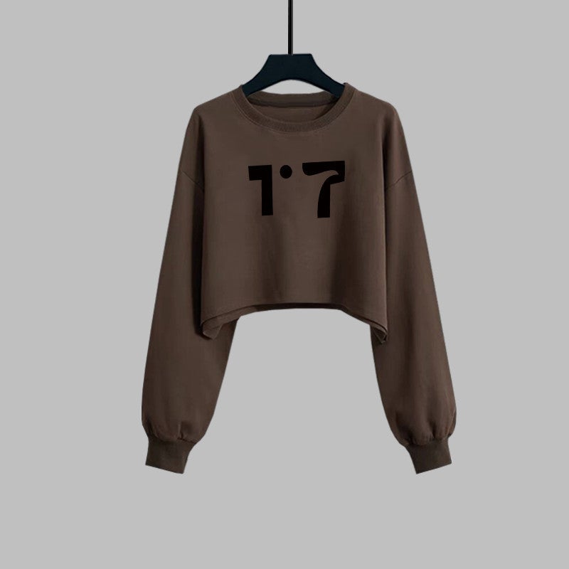 Spring New Fashion Short Loose Round Neck Sweatshirt Womens Niche Design Long-Sleeved High-Waisted Thin Top Trendy Style 299-coffee color