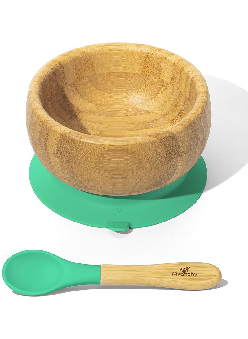 Avanchy Bamboo Suction Classic Bowl + Spoon Green Color For Baby - Image 1