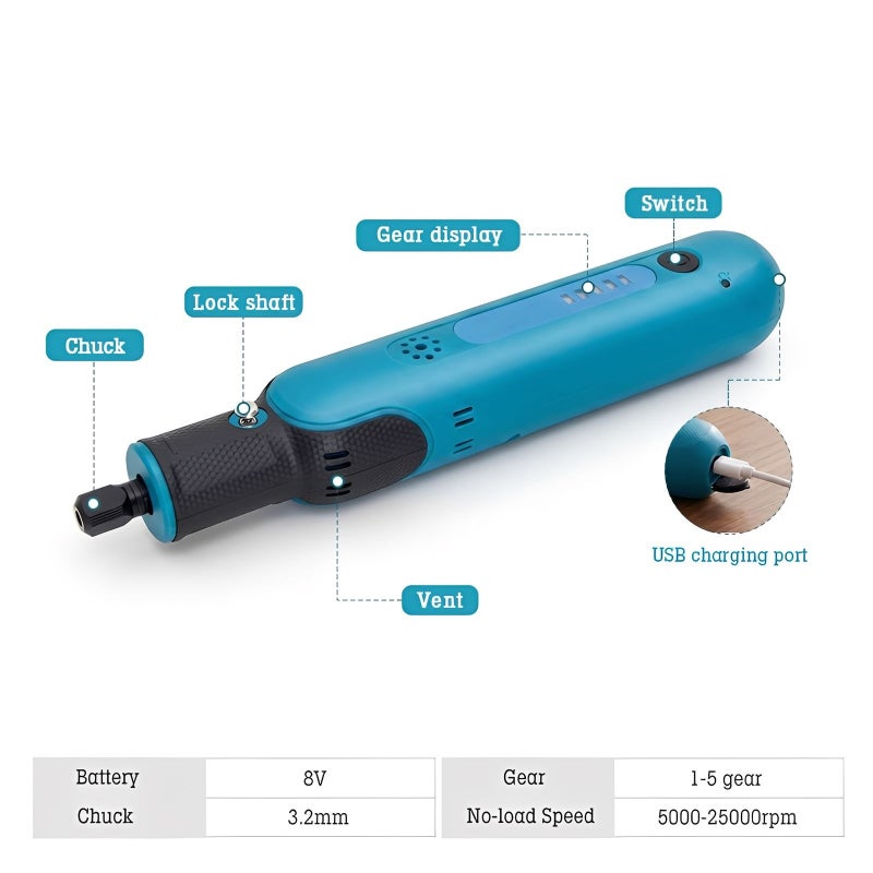 Cordless Rotary Tool: 0.5 Lb Blue 46-Piece Kit, 5-Speed 25,000 RPM Motor - USB-C Fast Charging, Ergonomic Grip, Engraving Tool for Hobbyists, Crafters, Home DIY Projects - Image 2