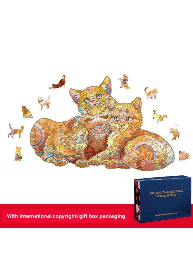 Cat Tiger Lion Owl Alien Wooden Puzzle Irregular Three-Dimensional Animal Puzzle Wooden Puzzle-Color:Three Orange Cats (Medium) - Image 1