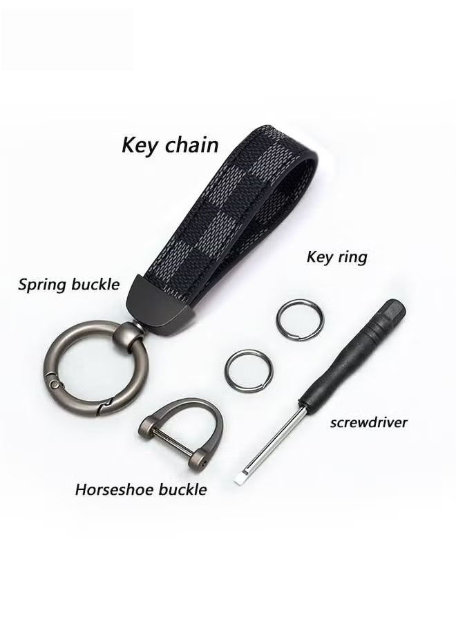Car PU Leather Metal Keychain - Plaid Leather Zinc Alloy Ring 360° Rotating - Car Universal Wrist Band - Key School Bag Car Decoration Pendant - Black/Send a Screwdriver - Image 3