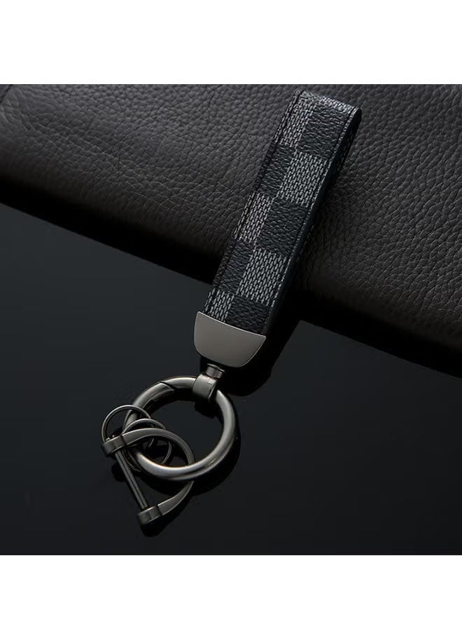 Car PU Leather Metal Keychain - Plaid Leather Zinc Alloy Ring 360° Rotating - Car Universal Wrist Band - Key School Bag Car Decoration Pendant - Black/Send a Screwdriver - Image 5