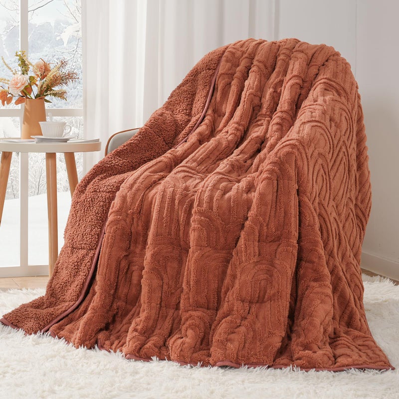 Cottonblue Jacquard Weighted Blanket for Adults 15 lbs Queen Size, Cozy Fluffy Sherpa Fleece Weighted Throw Blankets 60" x 80" for Sleep Relax, Fuzzy Warm Arch Heavy Blanket for Bed Couch, Rust Pink - Image 1