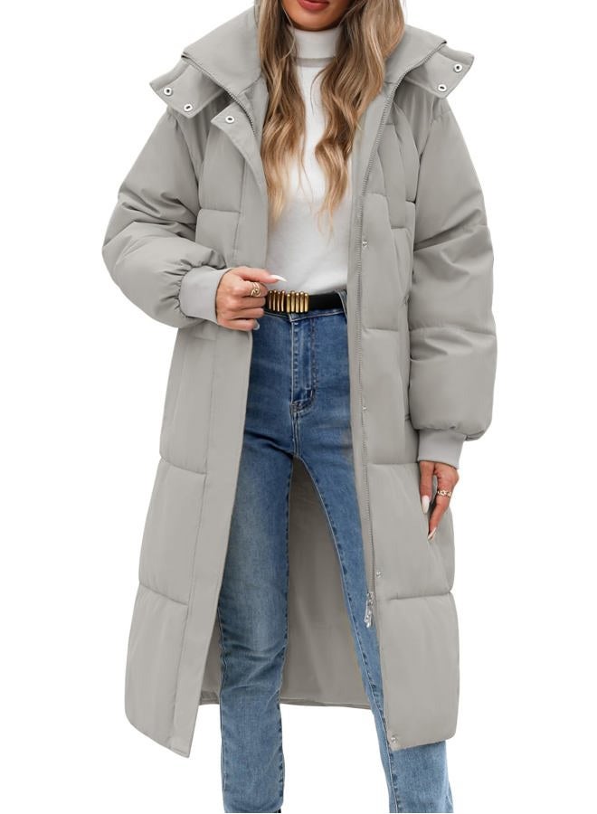 Uikue Women's Long Puffer Coat - Warm Winter Quilted Jacket Full Length Zip Up Down Coat Thickened Puffy Parka with Hood, Light Gray, L - Image 1