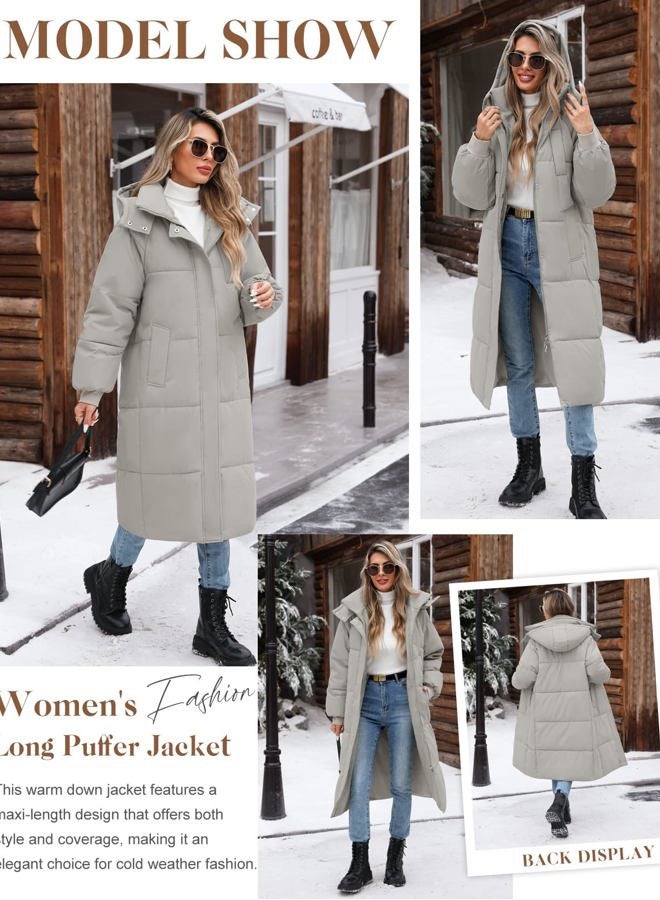 Uikue Women's Long Puffer Coat - Warm Winter Quilted Jacket Full Length Zip Up Down Coat Thickened Puffy Parka with Hood, Light Gray, L - Image 2