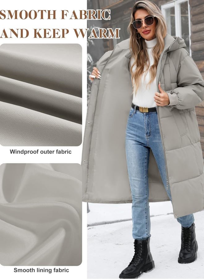 Uikue Women's Long Puffer Coat - Warm Winter Quilted Jacket Full Length Zip Up Down Coat Thickened Puffy Parka with Hood, Light Gray, L - Image 4