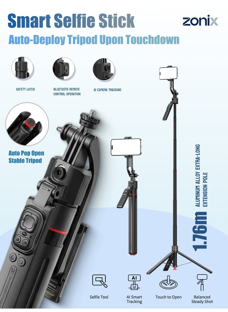 ZONIX Selfie Stick Tripod with AI Tracking u0026 Auto-Pop Open, 1.76m Extendable, Gesture Control, 360° Rotation, Bluetooth Remote, Detachable Design for Phone/Camera, Perfect for Travel Vlog - Image 1