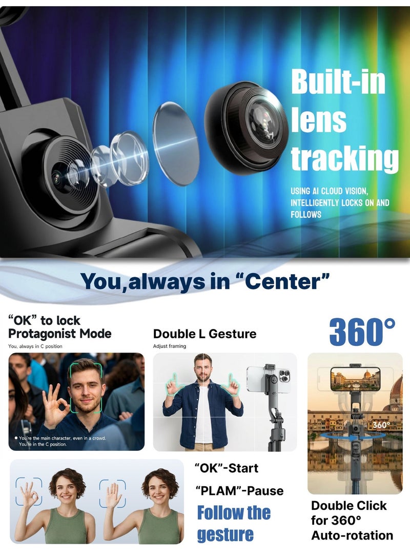 ZONIX Selfie Stick Tripod with AI Tracking u0026 Auto-Pop Open, 1.76m Extendable, Gesture Control, 360° Rotation, Bluetooth Remote, Detachable Design for Phone/Camera, Perfect for Travel Vlog - Image 3