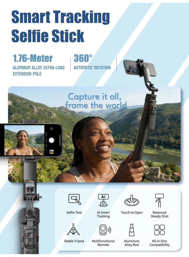 ZONIX Selfie Stick Tripod with AI Tracking u0026 Auto-Pop Open, 1.76m Extendable, Gesture Control, 360° Rotation, Bluetooth Remote, Detachable Design for Phone/Camera, Perfect for Travel Vlog - Image 2