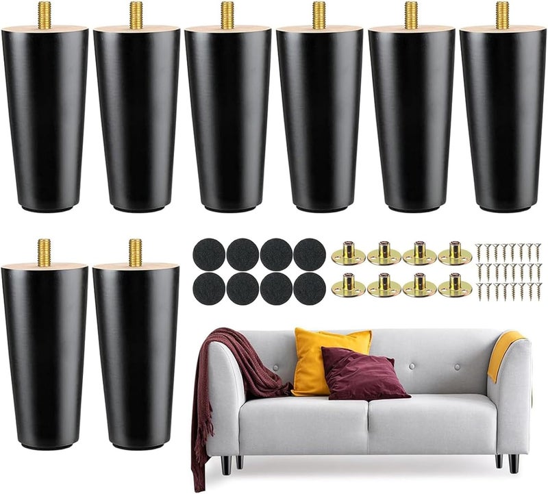 Maitys 4 Inch Round Solid Furniture Legs Furniture Wooden Replacement Chair Feet Dresser Sofa Couch Legs Table Cabinet Footstool DIY Projects for Home(Black,8 Pcs) - Image 1