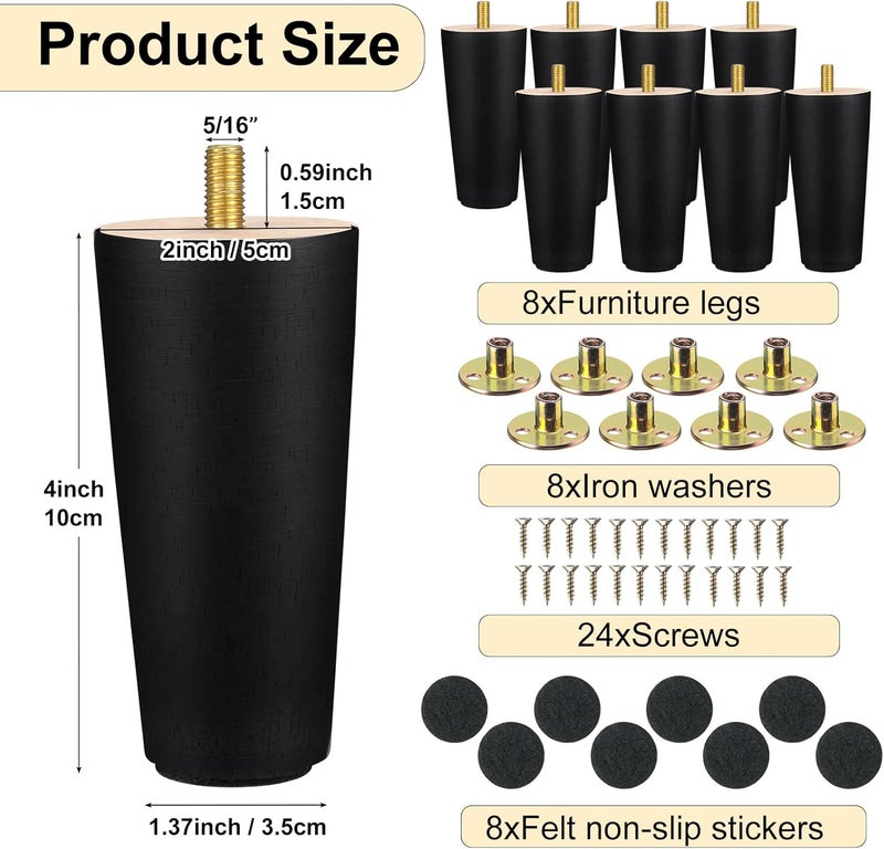 Maitys 4 Inch Round Solid Furniture Legs Furniture Wooden Replacement Chair Feet Dresser Sofa Couch Legs Table Cabinet Footstool DIY Projects for Home(Black,8 Pcs) - Image 2