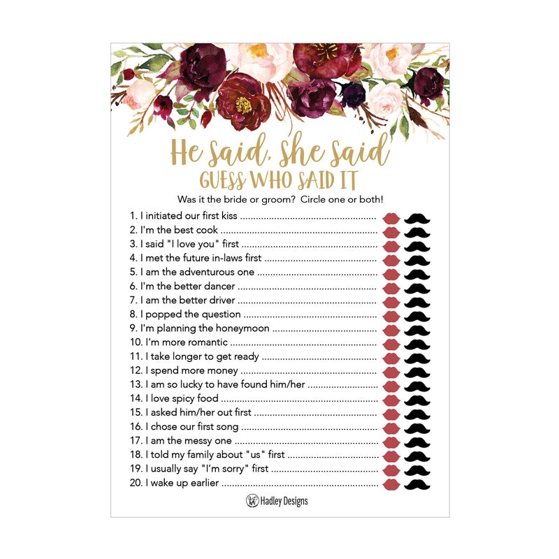 Hadley Designs 25 Floral Wedding Bridal Shower Engagement Bachelorette Anniversary Party Game Ideas Gold He Said She Said Cards Funny Co Ed Trivia Rehearsal Dinner Guessing Question Supplies