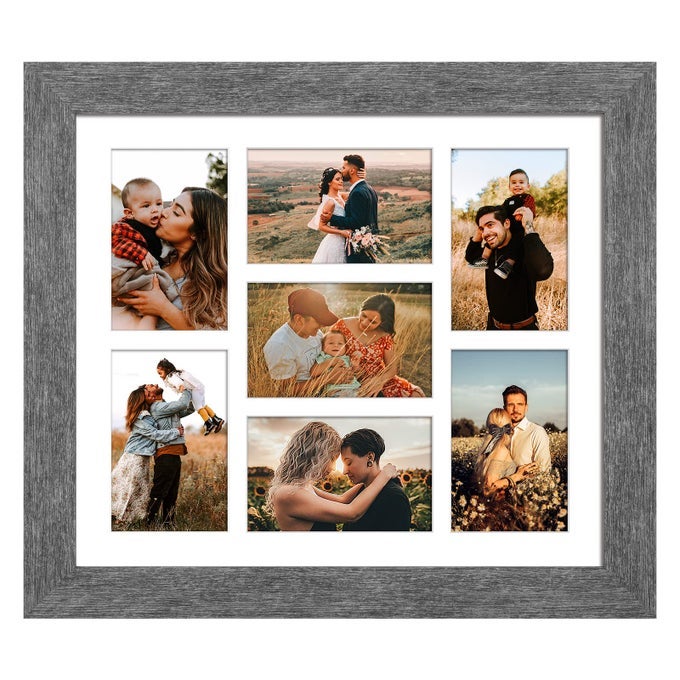 135X155 PICTURE FRAMES COLLAGE WITH 7 OPENINGS 4X6 PICTURES MULTI PHOTO FRAME WITH MAT FOR WALL HANGING DECOR GREY WOOD GRAIN