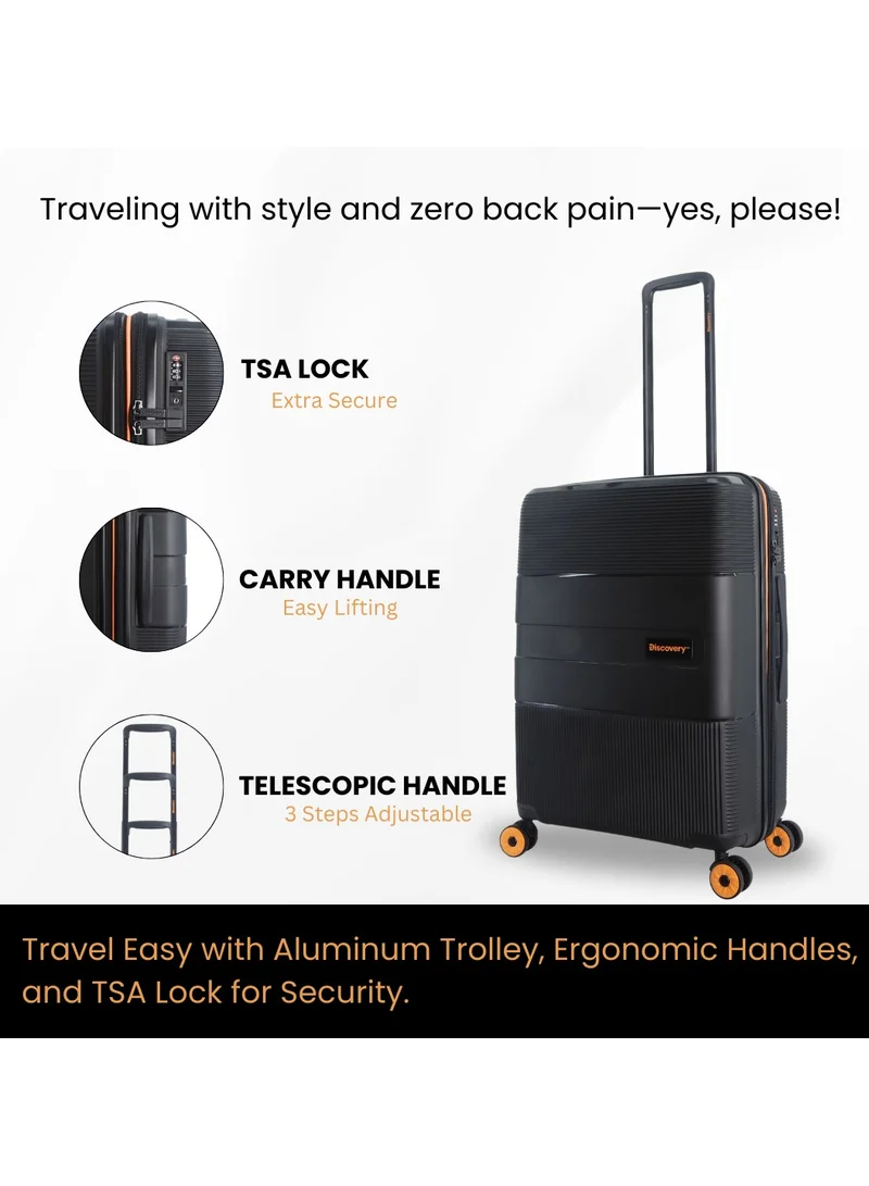 Discovery Discovery Trails PP Hardside Luggage Set Black, Durable Expandable Unbreakable Double Zip Lightweight Travel Bag 4 Double Wheel TSA Lock 3pcs Suitcase Trolley Bag (21+26+30 Inch).