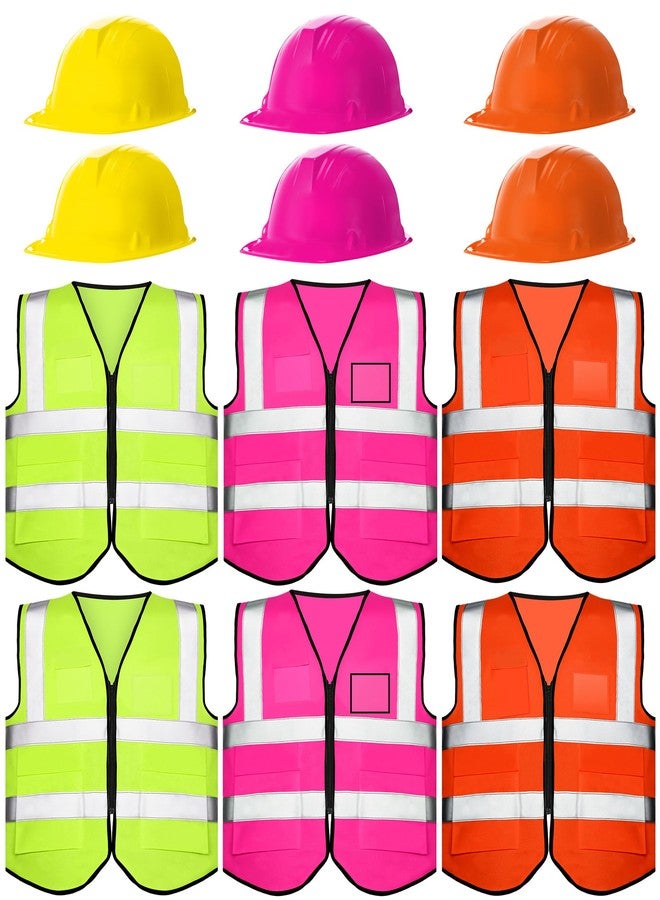 Simlakey 12 Pcs Neon Construction Worker Costume High Visibility Reflective Vest Hard Hats for 80s Neon Glow Party Football Game - Image 1