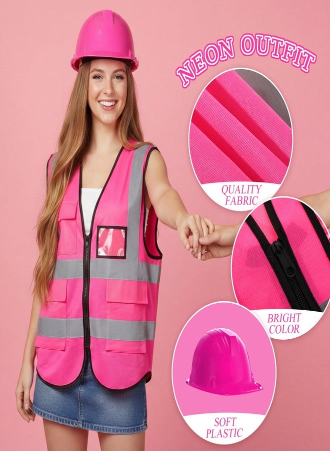 Simlakey 12 Pcs Neon Construction Worker Costume High Visibility Reflective Vest Hard Hats for 80s Neon Glow Party Football Game - Image 3