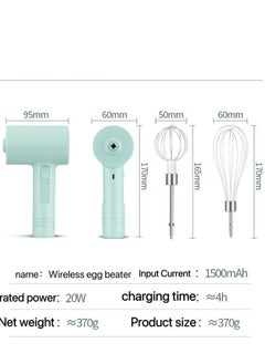 Generic portable electric egg  beater cordless handheld mixer, 3-speed adjustable lightweight USB rechargeable hand Mixer stainless steel egg whisk with double egg sticks for kitchen baking and ooking green  - Image 2