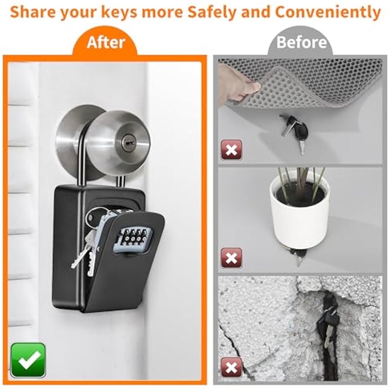 Key Lock Box Wall Mounted, Portable Lock Box for House Key, 5 Key Capacity, Weatherproof Resettable Code House Key Safe Security Lock Box for Indoor, Outdoor, Garage, Garden, Store (1 Pack, Black) - Image 3