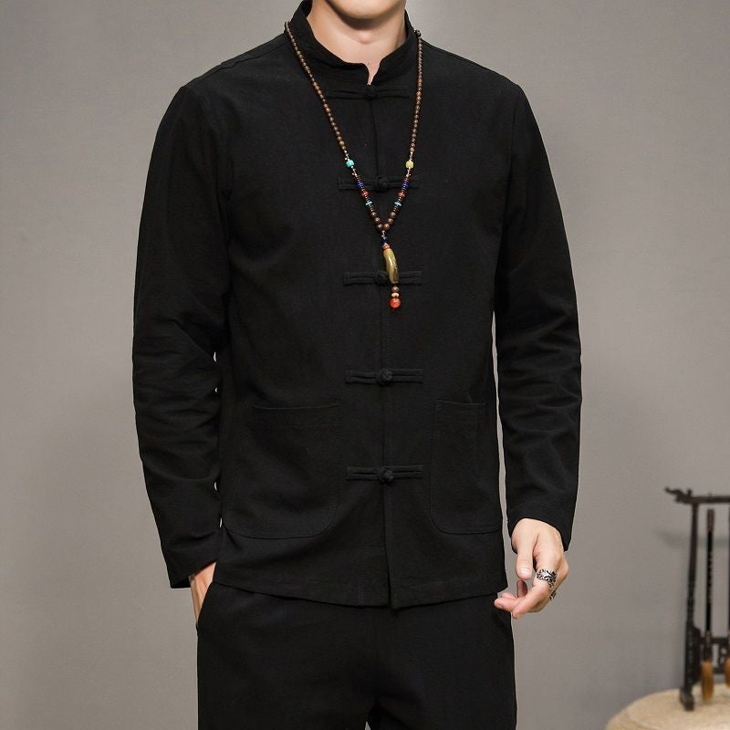 Chinese Style Cotton Linen Shirt Mens Long-Sleeved Trapped Tang Coat Solid Color Casual Shirt Vintage Mens Spring and Autumn Inner Cardigan Dark gray - Image 2