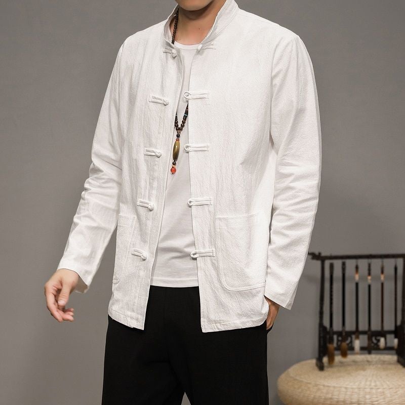 Chinese Style Cotton Linen Shirt Mens Long-Sleeved Trapped Tang Coat Solid Color Casual Shirt Vintage Mens Spring and Autumn Inner Cardigan Dark gray - Image 3