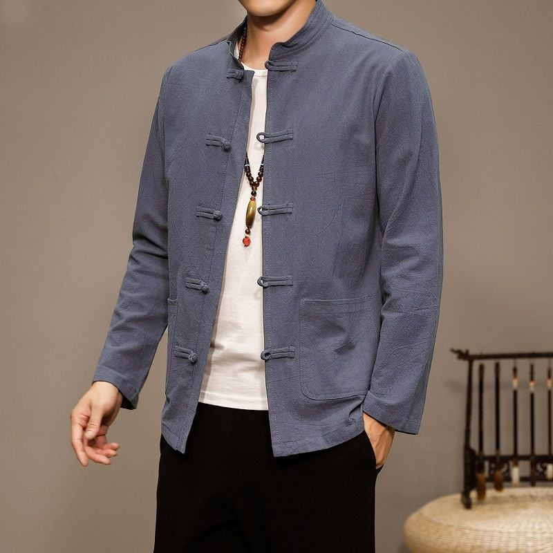 Chinese Style Cotton Linen Shirt Mens Long-Sleeved Trapped Tang Coat Solid Color Casual Shirt Vintage Mens Spring and Autumn Inner Cardigan Dark gray - Image 1