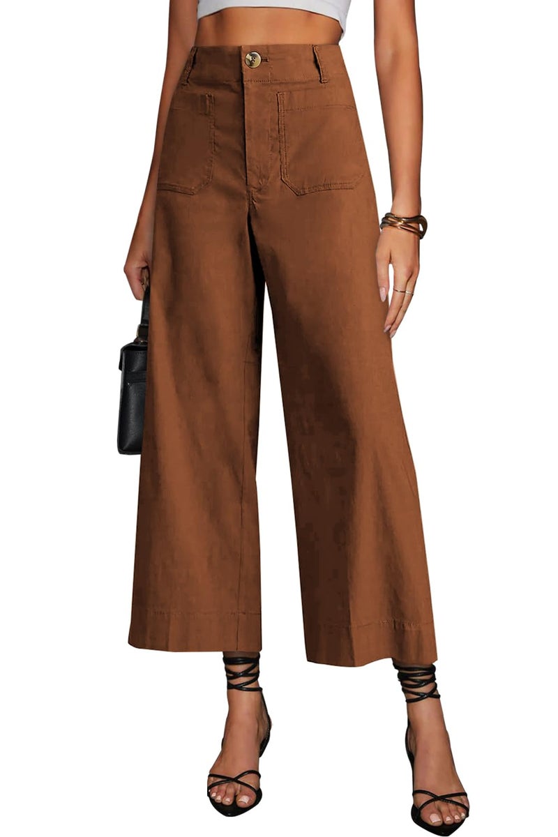 miduo Womens Pants Casual Button High Waisted Cropped Wide Leg Straight Pants Trousers with Pockets Brown 27 - Image 1