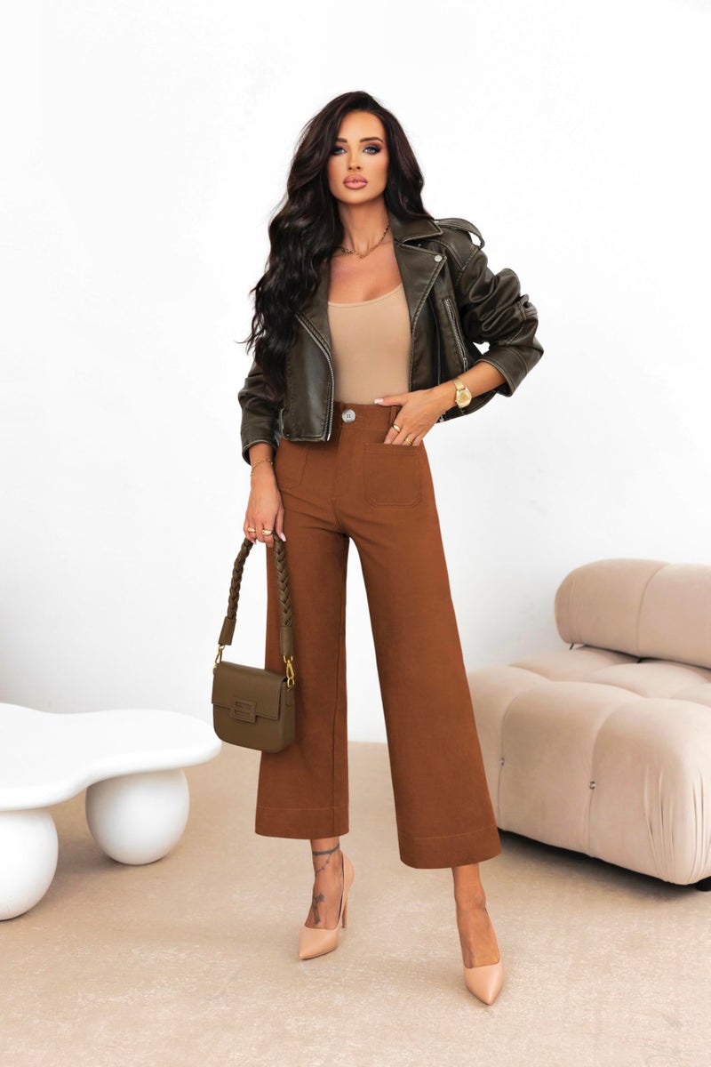 miduo Womens Pants Casual Button High Waisted Cropped Wide Leg Straight Pants Trousers with Pockets Brown 27 - Image 4