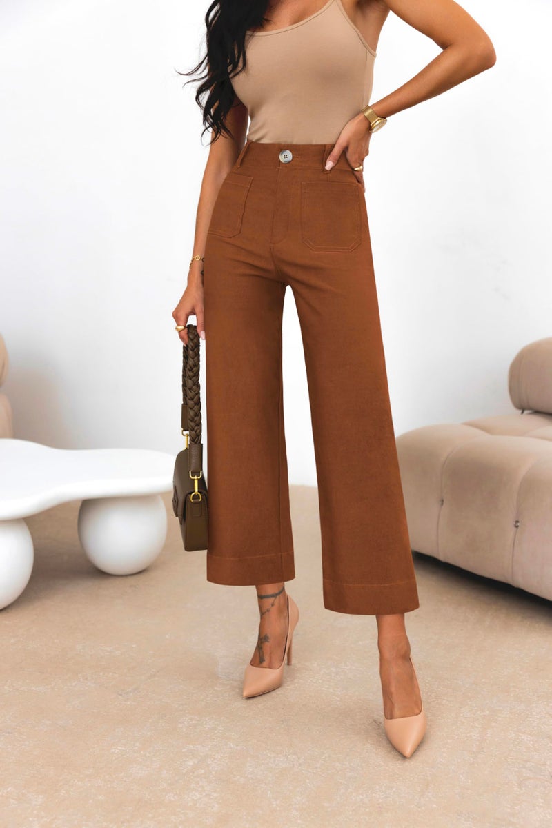 miduo Womens Pants Casual Button High Waisted Cropped Wide Leg Straight Pants Trousers with Pockets Brown 27 - Image 3