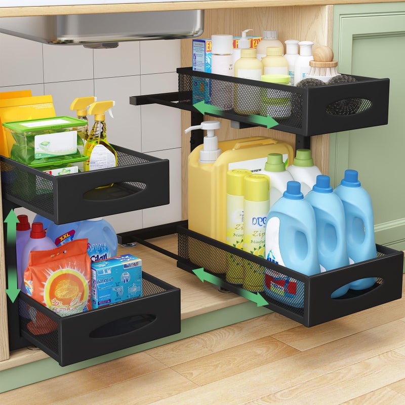 Under Sink Organizer 2 Pack 2 Tier Pull out Cabinet Organizer Baskets with Mesh Sliding Drawers Slide out Sink Storage Shelves for Home Kitchen Bathroom Pantry Office Organizers and StoragBlack