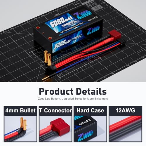 Zeee 2S Shorty Lipo Battery 5000mAh 7.4V 100C Hard Case Battery with 4mm Bullet to T Connector for RC 1/10 Scale Vehicles Car Trucks Boats RC Models(2 Pack) - Image 3
