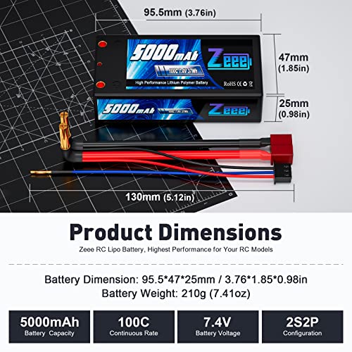 Zeee 2S Shorty Lipo Battery 5000mAh 7.4V 100C Hard Case Battery with 4mm Bullet to T Connector for RC 1/10 Scale Vehicles Car Trucks Boats RC Models(2 Pack) - Image 2
