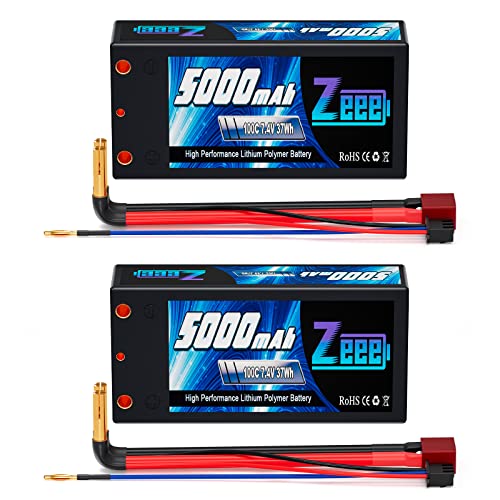 Zeee 2S Shorty Lipo Battery 5000mAh 7.4V 100C Hard Case Battery with 4mm Bullet to T Connector for RC 1/10 Scale Vehicles Car Trucks Boats RC Models(2 Pack) - Image 1